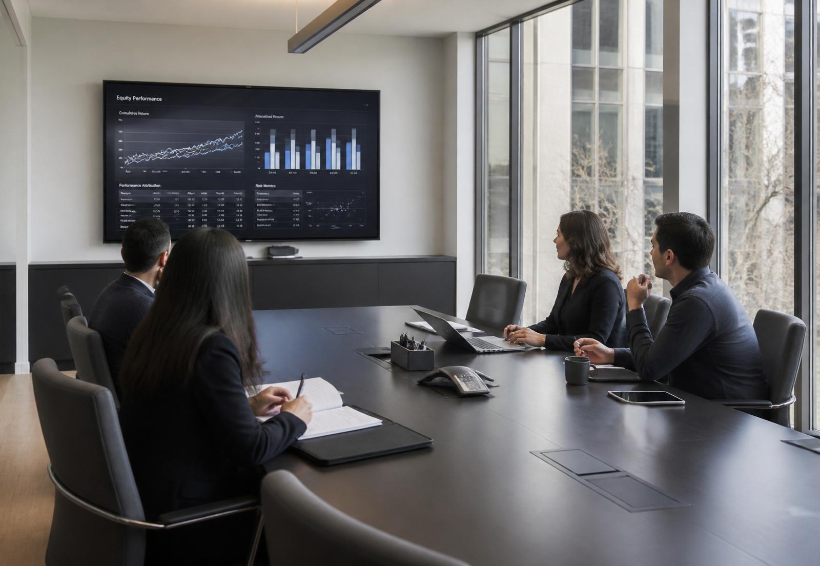 Professionals reviewing performance attribution in a modern boardroom
